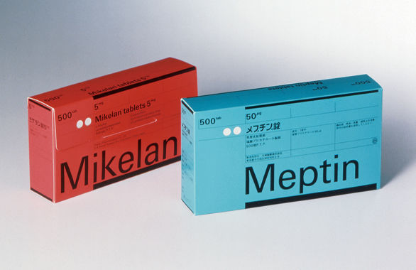 One red and one blue box of pills