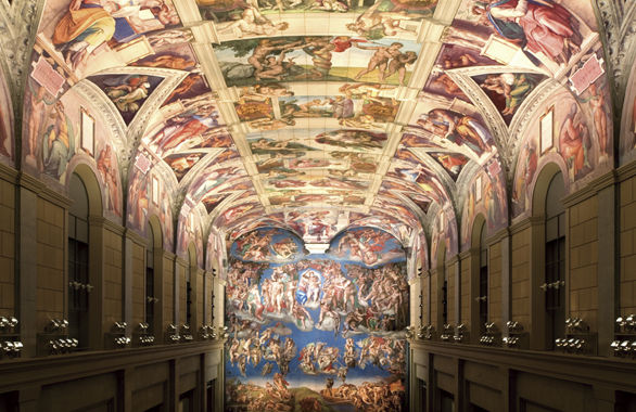 Large room with ornately painted ceiling